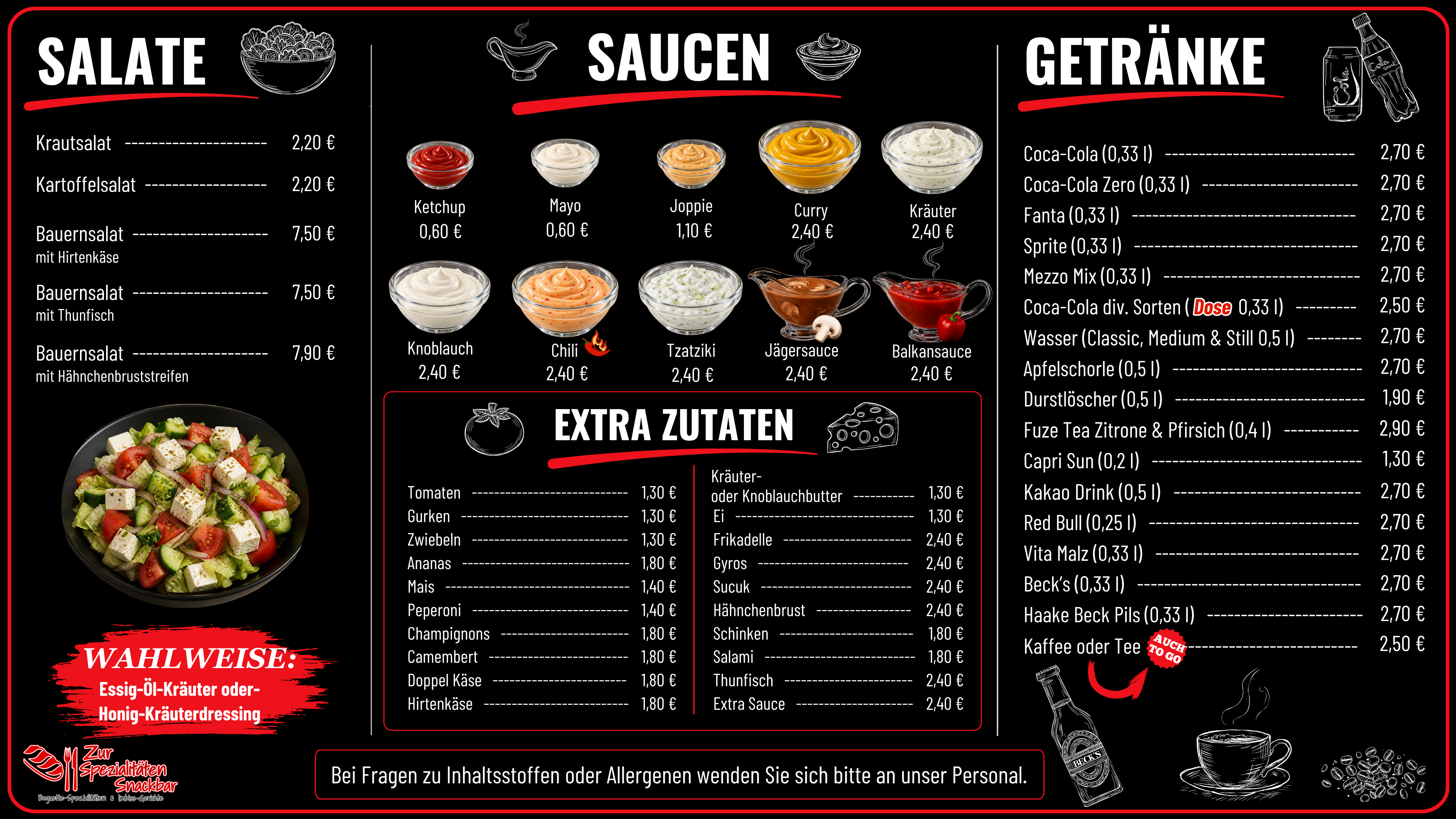 Salate, Saucen & Getränke